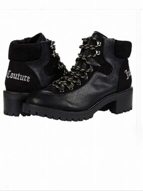 Juicy Couture Indulgence Boot Booties Black Pebbled Faux Leather Lug Sole 7 New